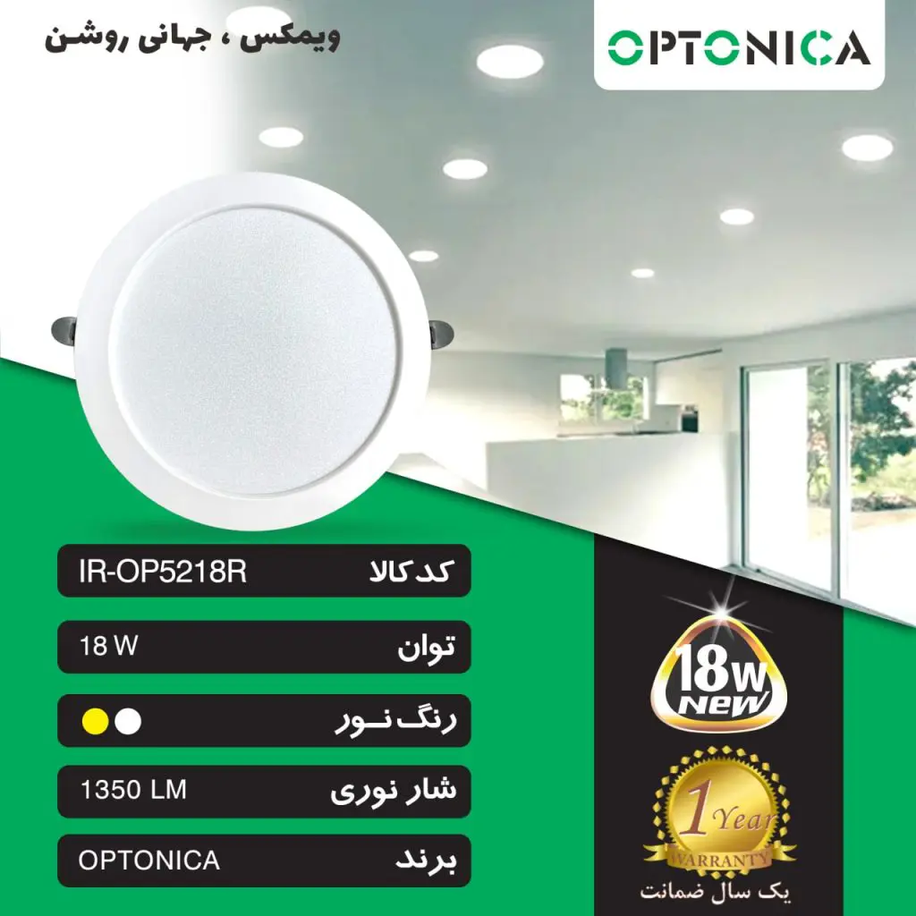 پنل بک لایت ۱۸ وات SMD توکار گرد اپتونیکا